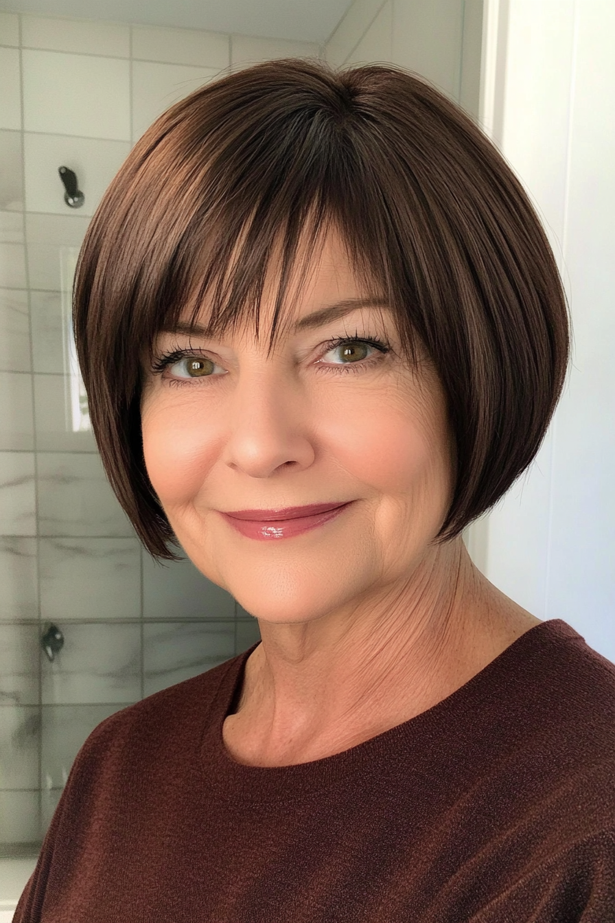 16. Modern Bowl Cut in Chocolate Brown (Shorter Haircuts For Older Women) - Shorter Haircuts For Older Women