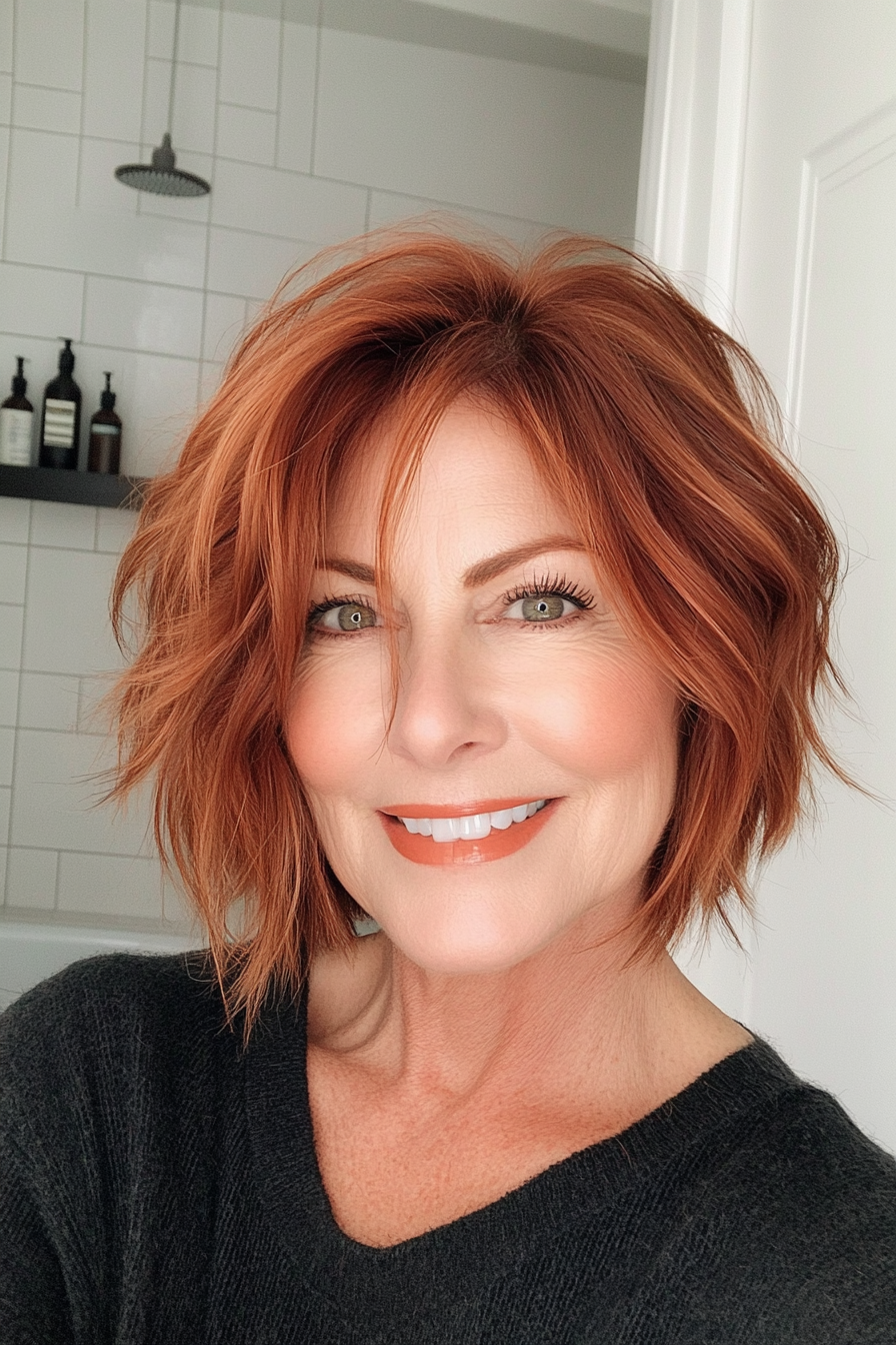 22. Chic Shaggy Bob in Copper Brown (Shorter Haircuts For Older Women) - Shorter Haircuts For Older Women