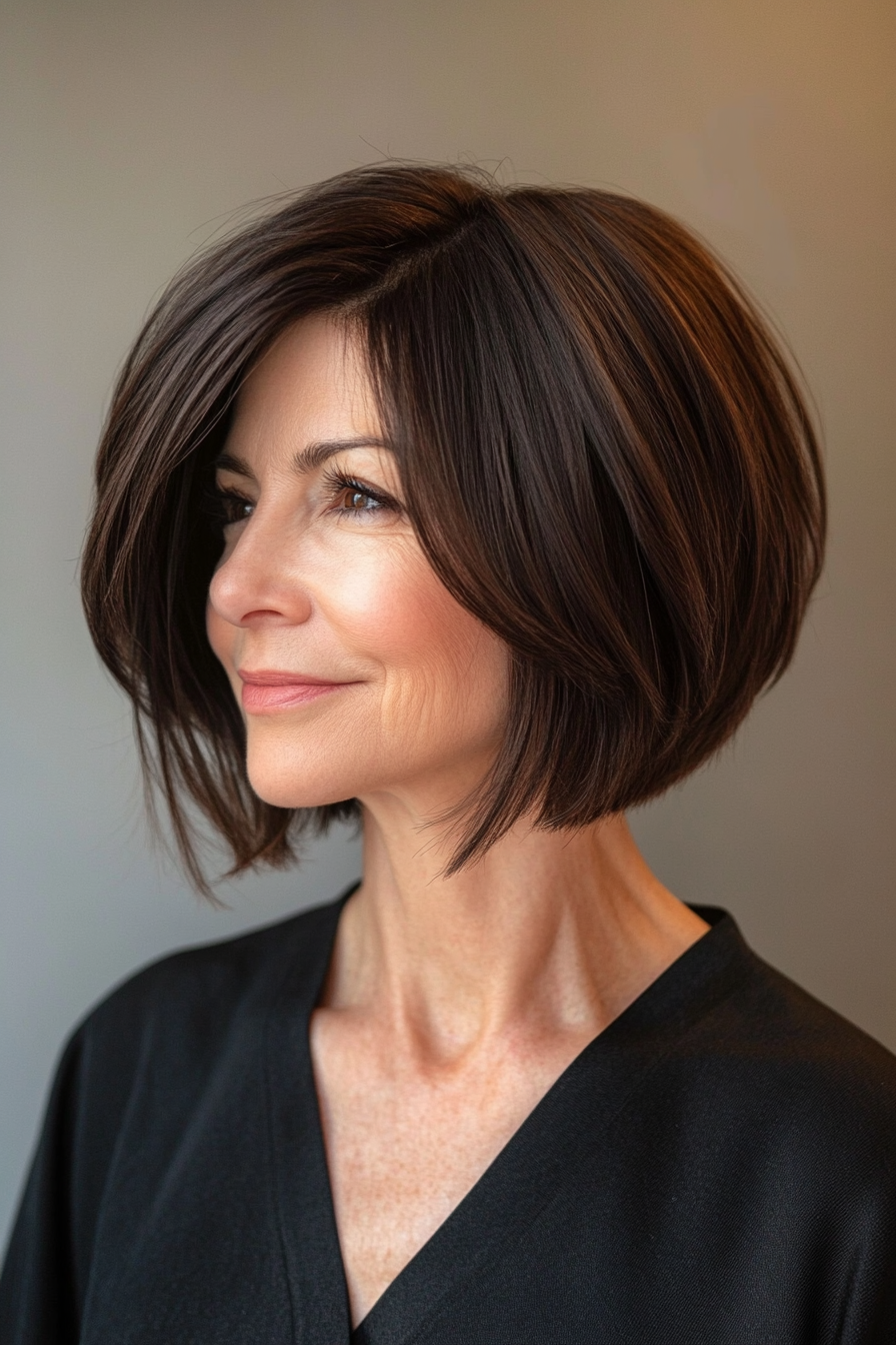 24. Dramatic Part Bob in Espresso Brown (Shorter Haircuts For Older Women) - Shorter Haircuts For Older Women