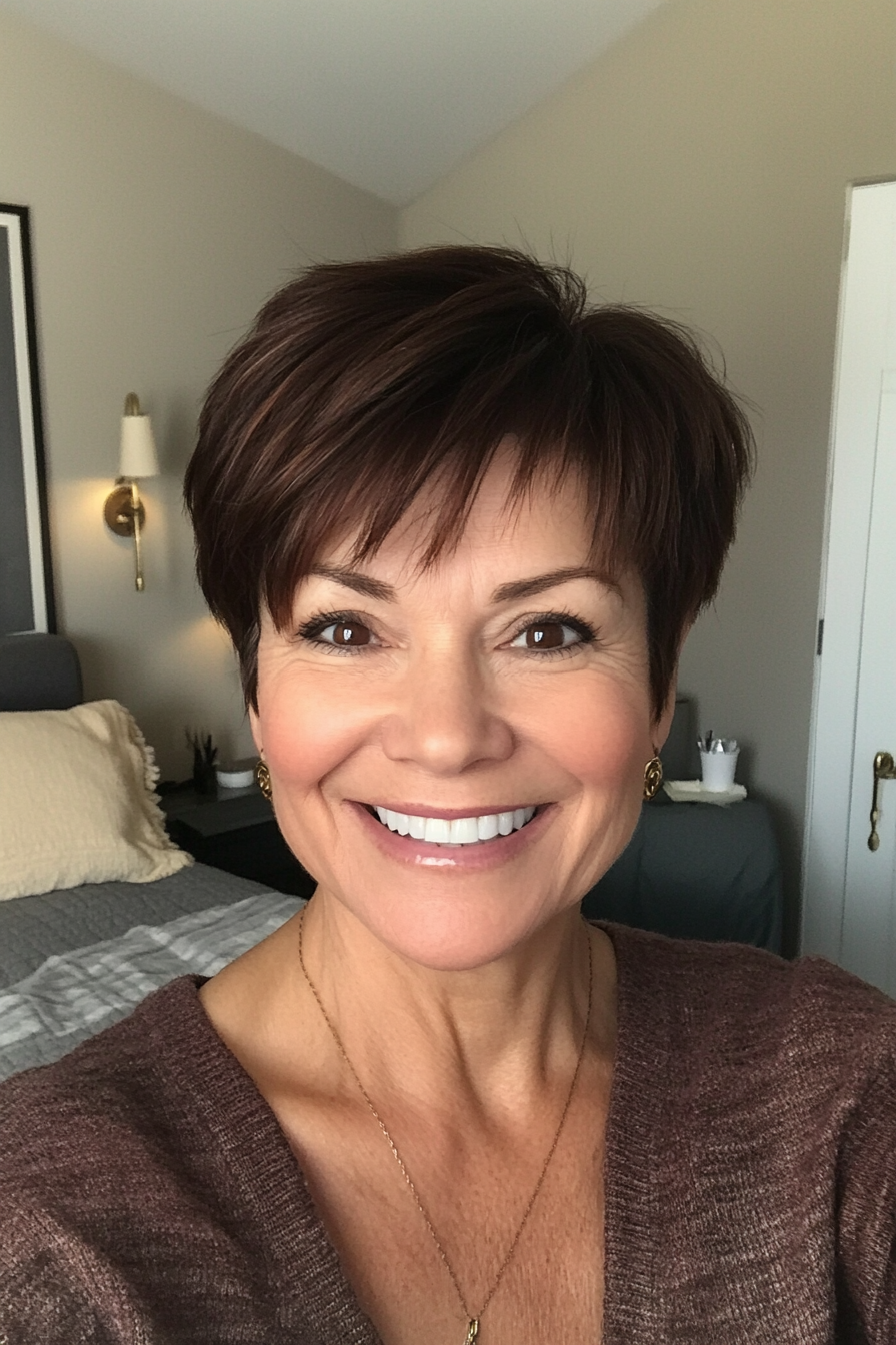 25. Casual Pixie in Dark Chestnut (Shorter Haircuts For Older Women) - Shorter Haircuts For Older Women