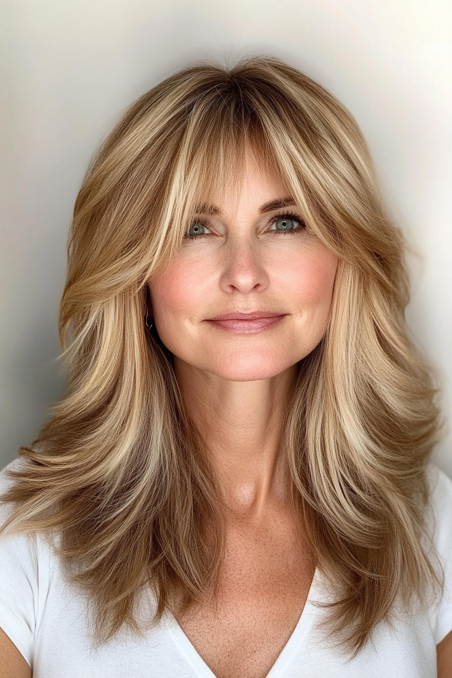 6. Curtain Bangs in Honey Blonde (Trendy Haircuts For Women Over 50) - Trendy Haircuts For Women Over 50