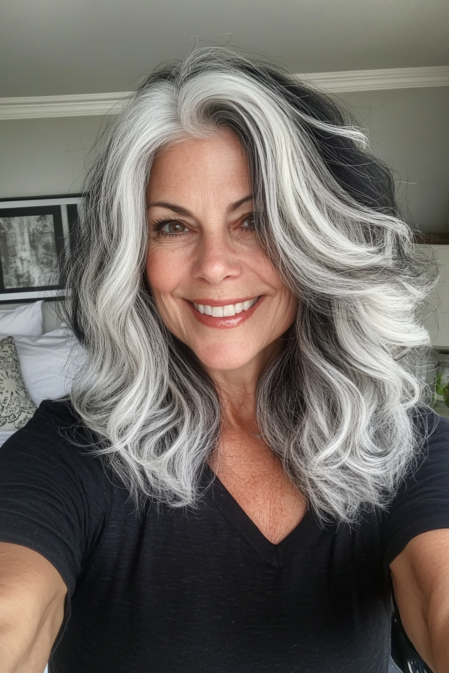 7. Textured Waves in Salt and Pepper (Trendy Haircuts For Women Over 50) - Trendy Haircuts For Women Over 50