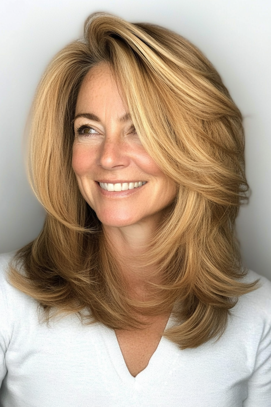 10. Layered Mid-Length in Golden Brown (Trendy Haircuts For Women Over 50) - Trendy Haircuts For Women Over 50