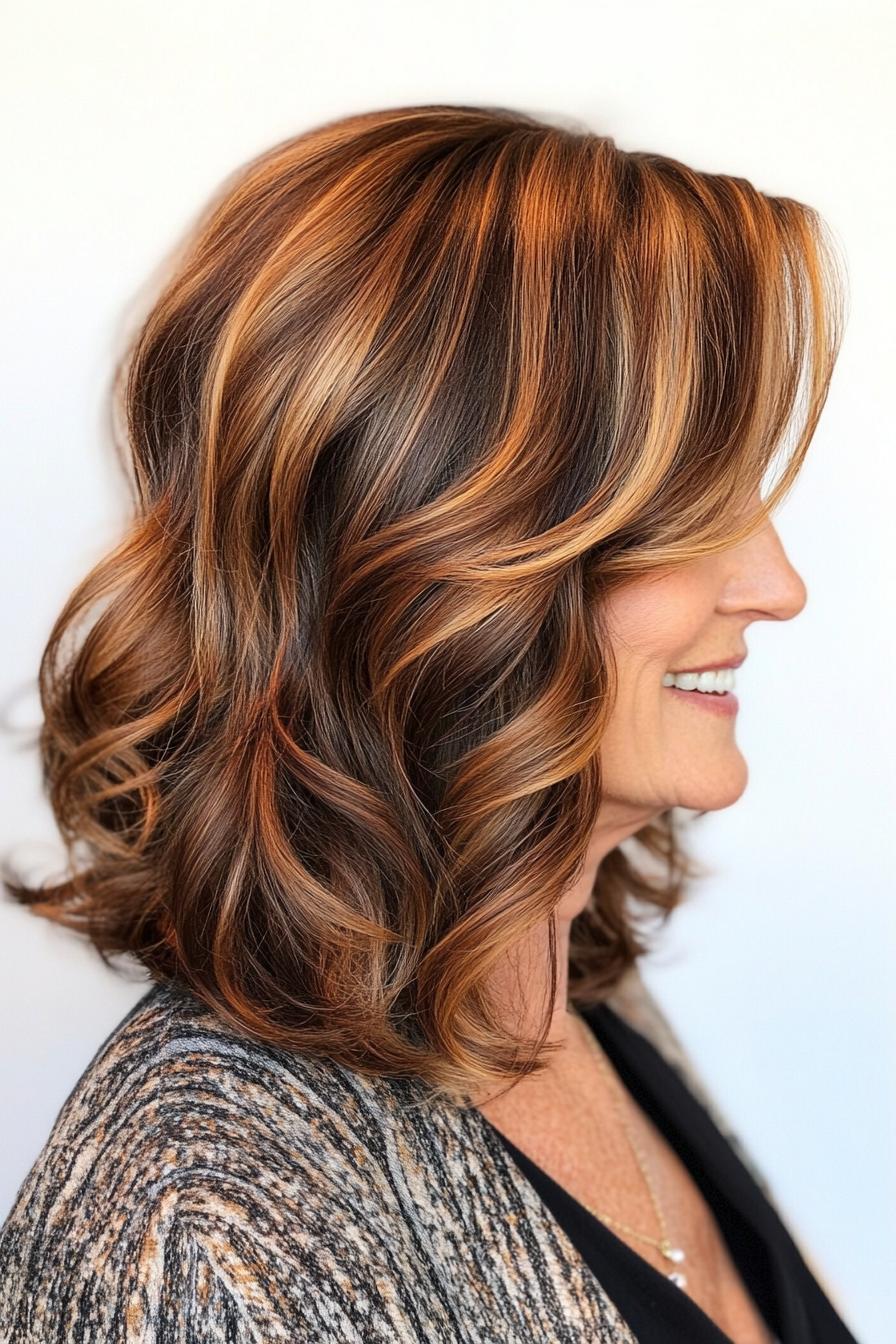 14. Wavy Lob with Highlights in Caramel (Trendy Haircuts For Women Over 50) - Trendy Haircuts For Women Over 50