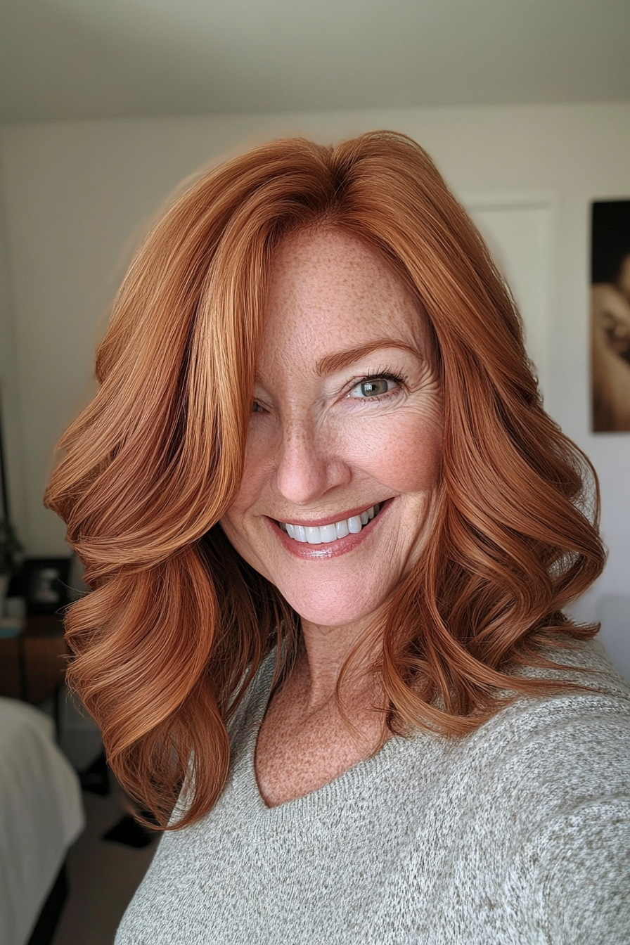 15. Sculpted Waves in Burnt Sienna (Trendy Haircuts For Women Over 50) - Trendy Haircuts For Women Over 50
