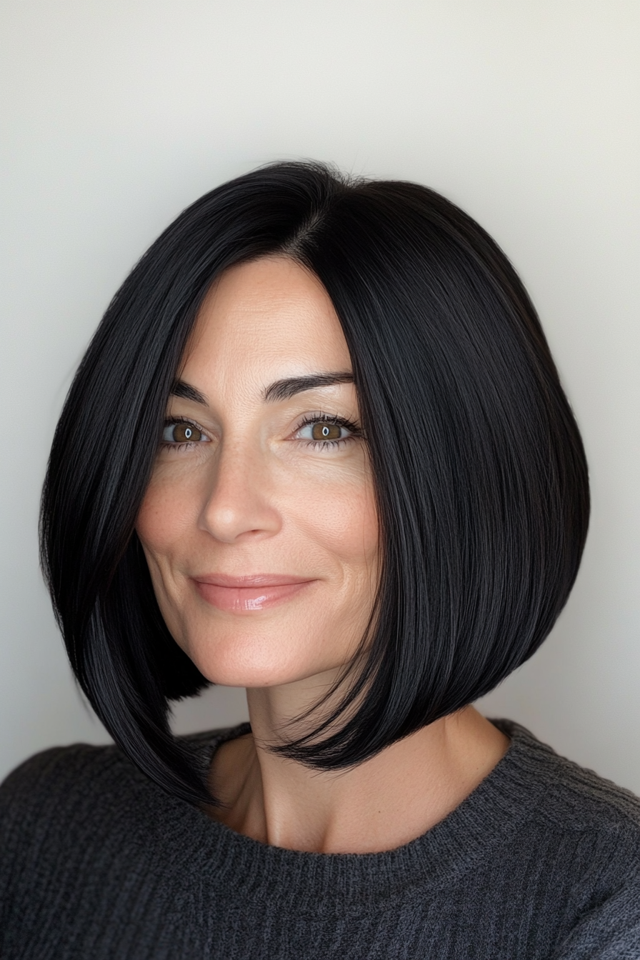 17. Smooth Graduated Bob in Jet Black (Trendy Haircuts For Women Over 50) - Trendy Haircuts For Women Over 50