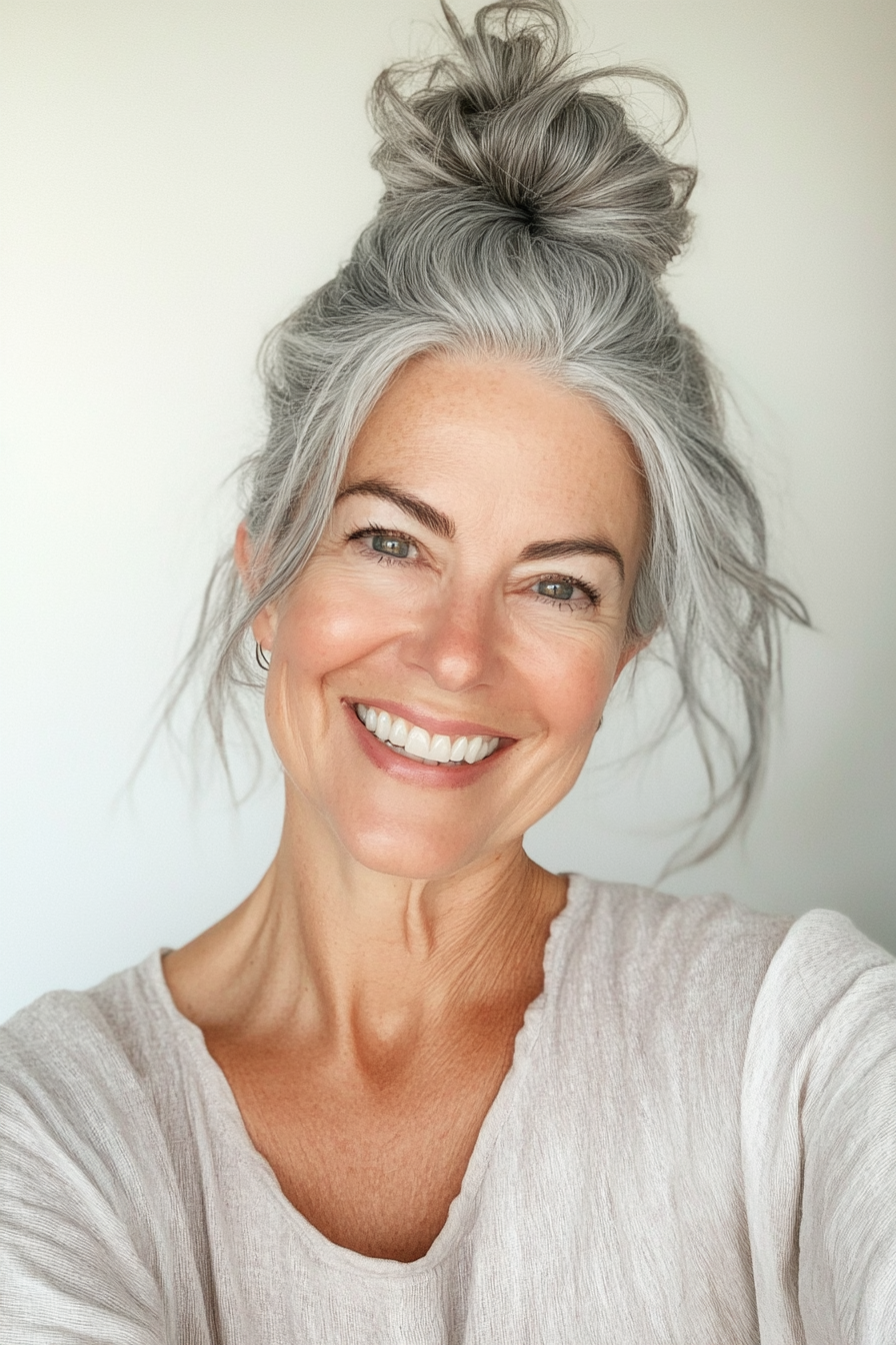 19. Undone Bun in Natural Grey (Trendy Haircuts For Women Over 50) - Trendy Haircuts For Women Over 50