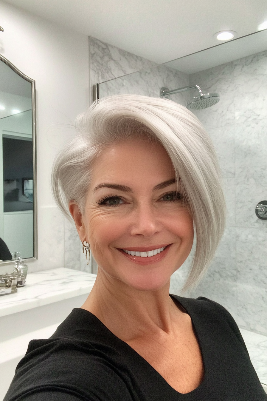 24. Slicked Back in Polished Platinum (Trendy Haircuts For Women Over 50) - Trendy Haircuts For Women Over 50