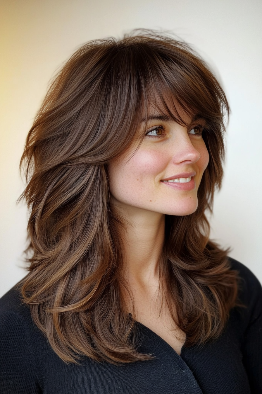 2. Brunette Cascade (Shaggy Haircuts With Curtain Bangs) - Shaggy Haircuts With Curtain Bangs