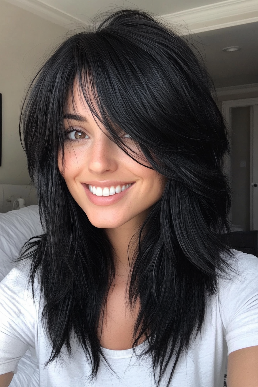4. Ebony Feather (Shaggy Haircuts With Curtain Bangs) - Shaggy Haircuts With Curtain Bangs