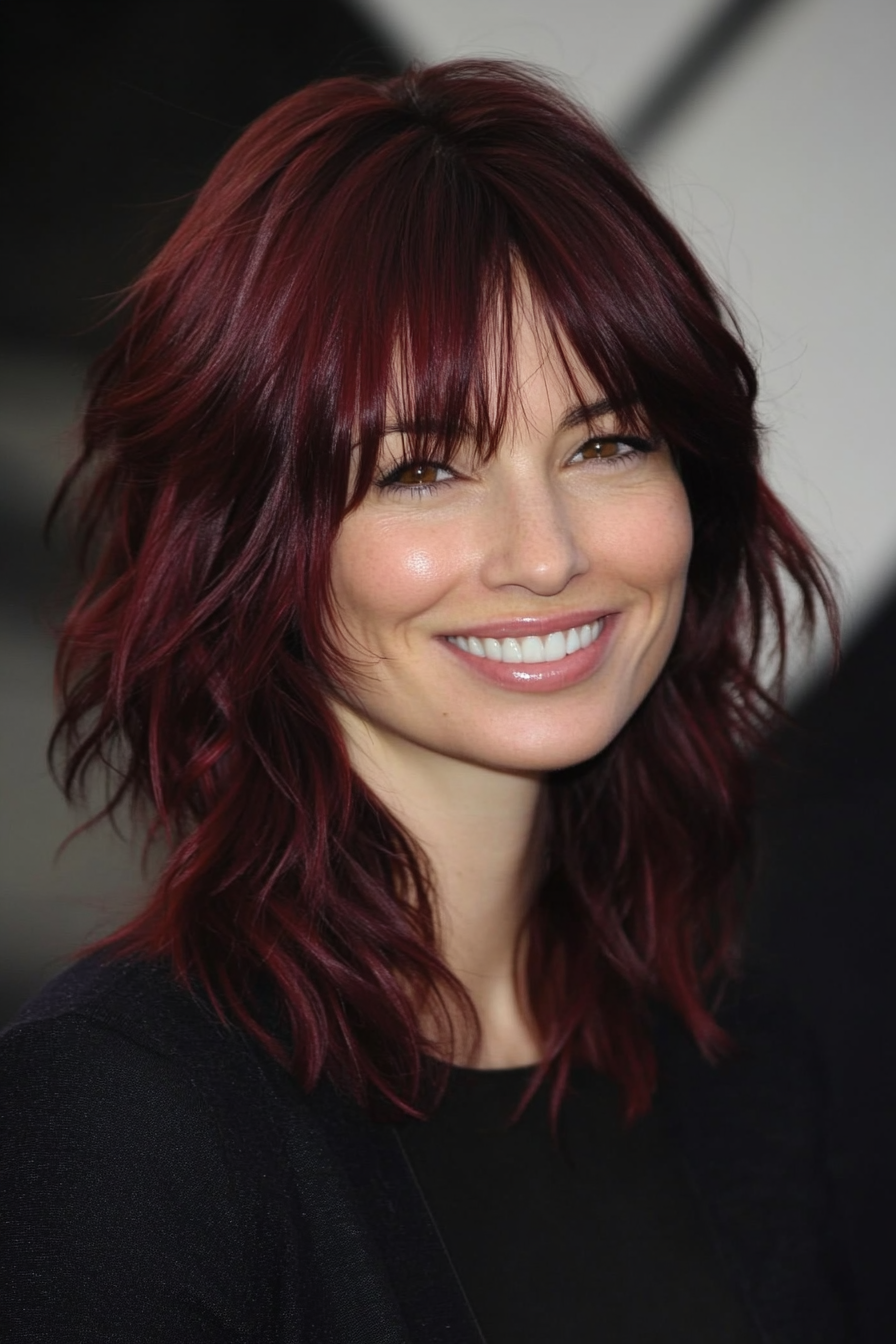 13. Burgundy Breeze (Shaggy Haircuts With Curtain Bangs) - Shaggy Haircuts With Curtain Bangs