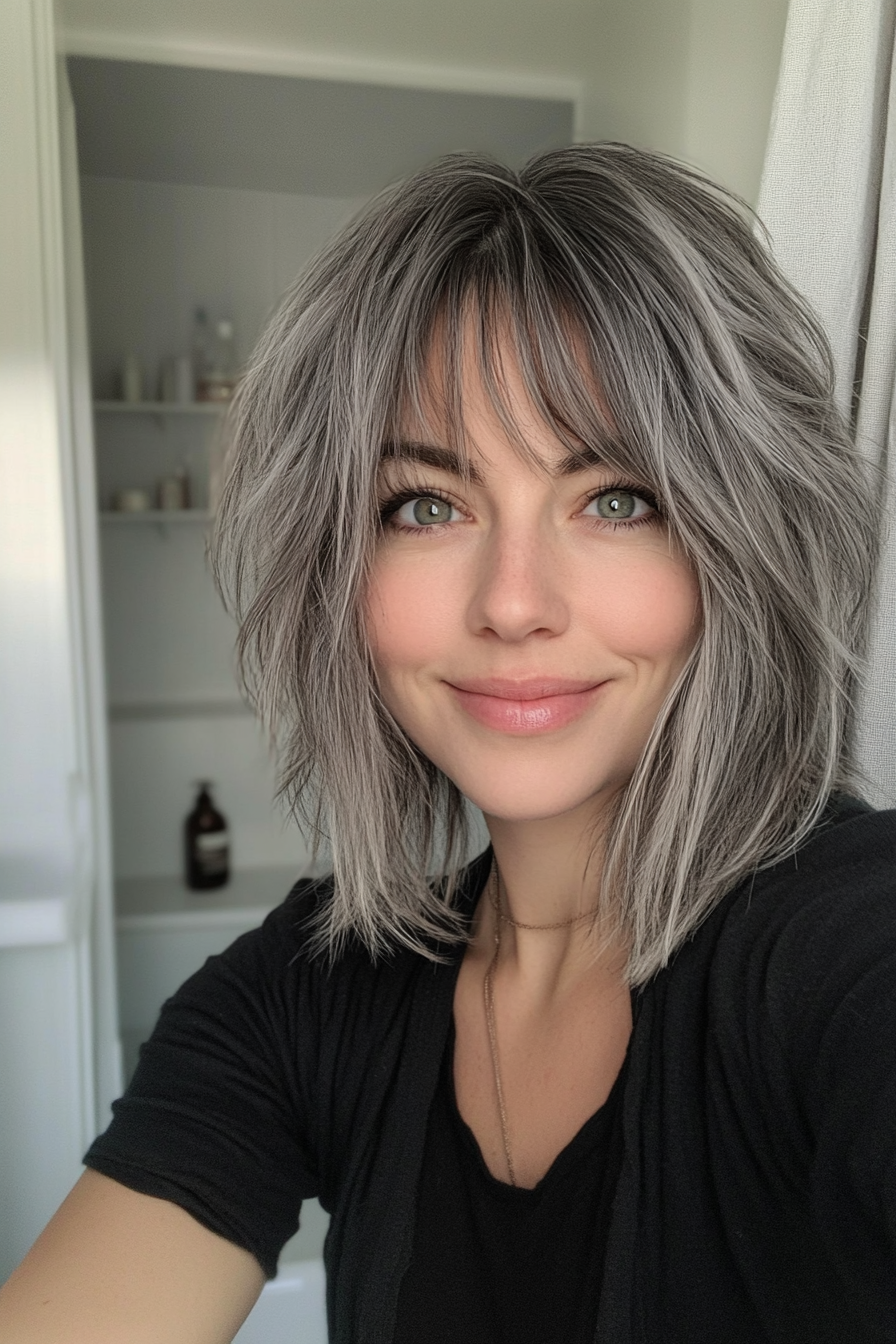 24. Peppered Graphite (Shaggy Haircuts With Curtain Bangs) - Shaggy Haircuts With Curtain Bangs