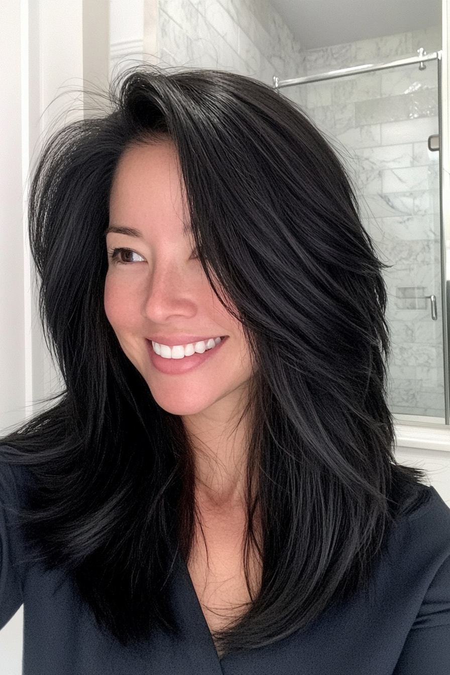 8. Soft Black Layers (Mid Length Mom Haircuts) - Mid Length Mom Haircuts
