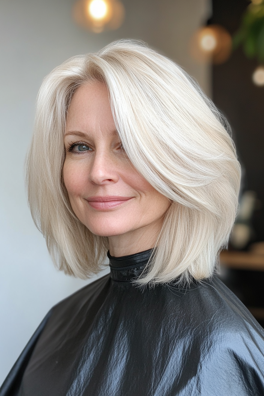 12. Platinum Blonde Sheen (Mid Length Mom Haircuts) - Mid Length Mom Haircuts