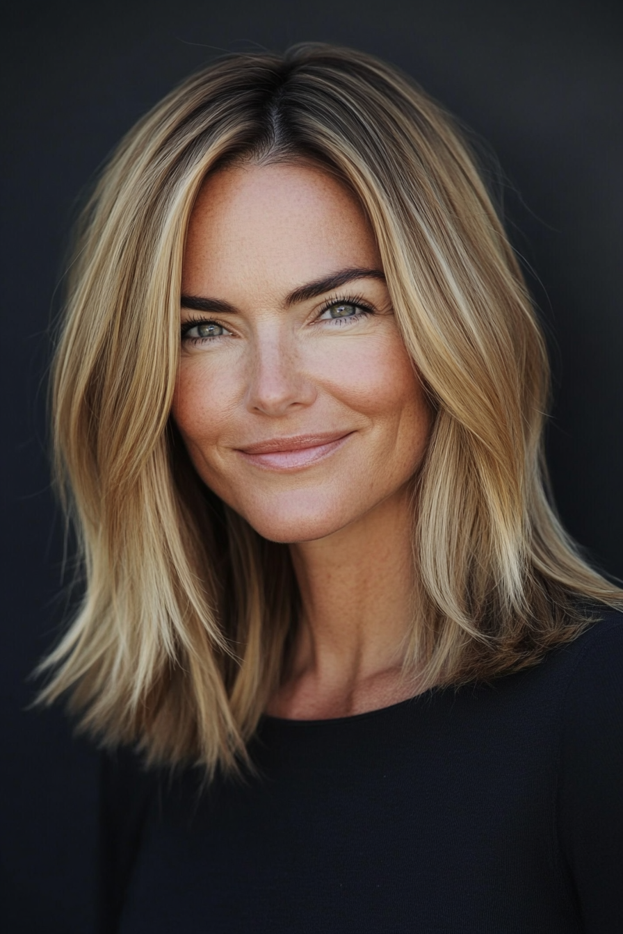 15. Sandy Blonde Simplicity (Mid Length Mom Haircuts) - Mid Length Mom Haircuts