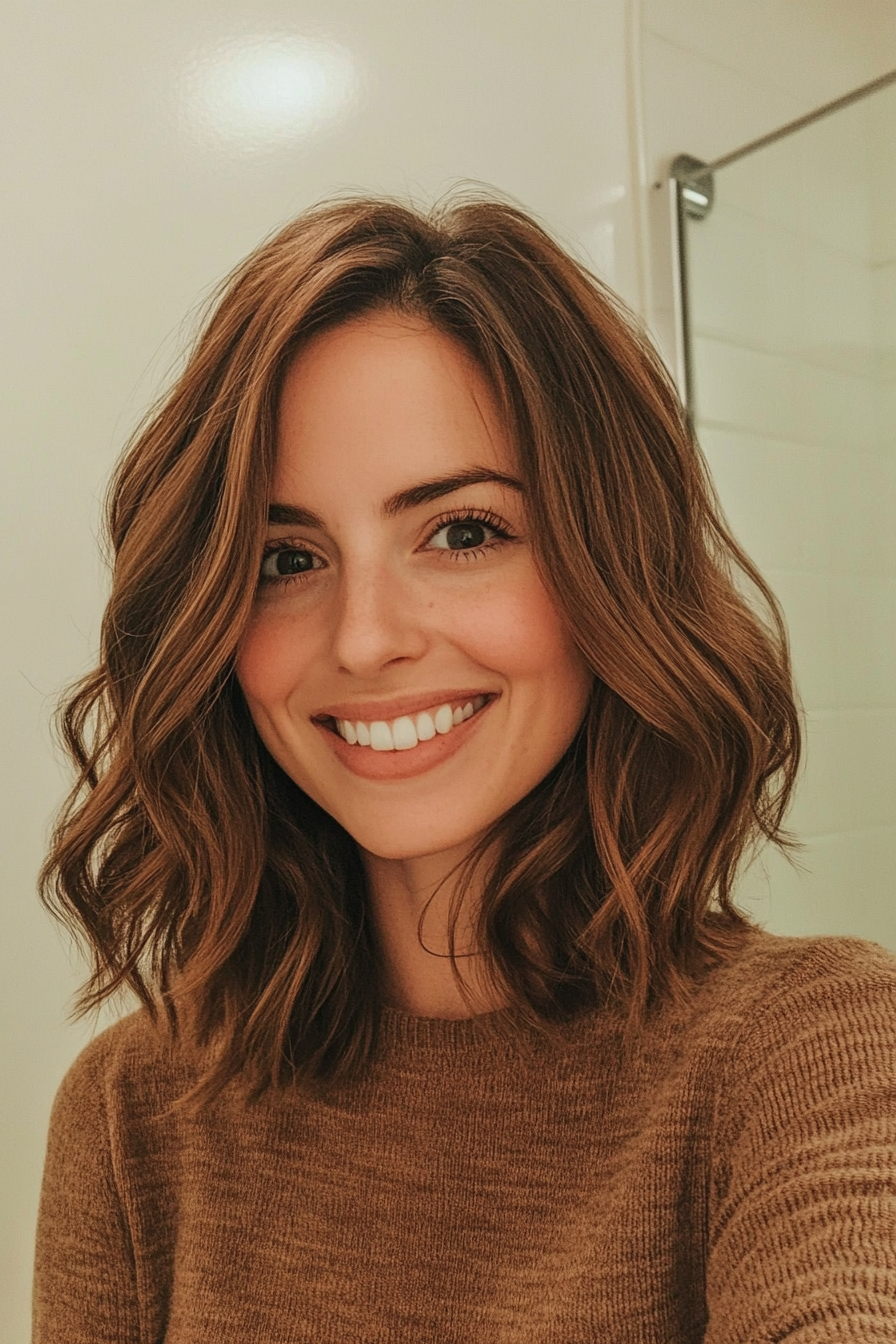 26. Warm Walnut Waves (Mid Length Mom Haircuts) - Mid Length Mom Haircuts
