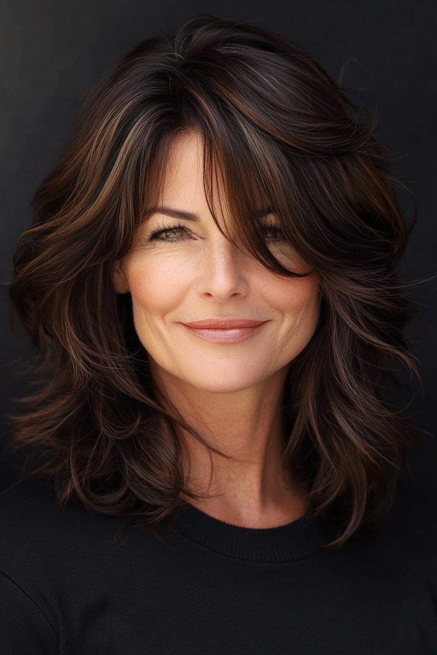 2. Layered Waves in Dark Brown (Haircuts For Older Women With Thick Hair) - Haircuts For Older Women With Thick Hair