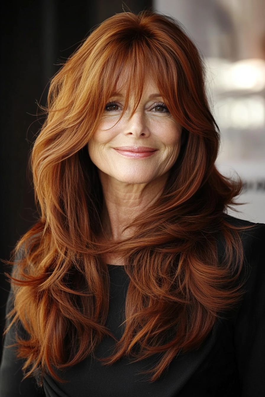 9. Flowing Layers in Dark Auburn (Haircuts For Older Women With Thick Hair) - Haircuts For Older Women With Thick Hair