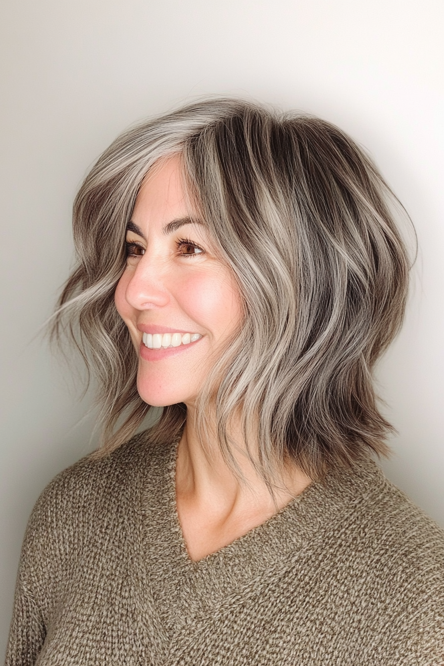10. Edgy Asymmetrical Cut in Salt and Pepper (Haircuts For Older Women With Thick Hair) - Haircuts For Older Women With Thick Hair