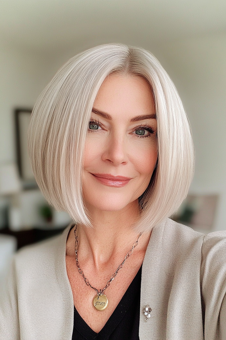 14. Structured Bob in Platinum Blonde (Haircuts For Older Women With Thick Hair) - Haircuts For Older Women With Thick Hair