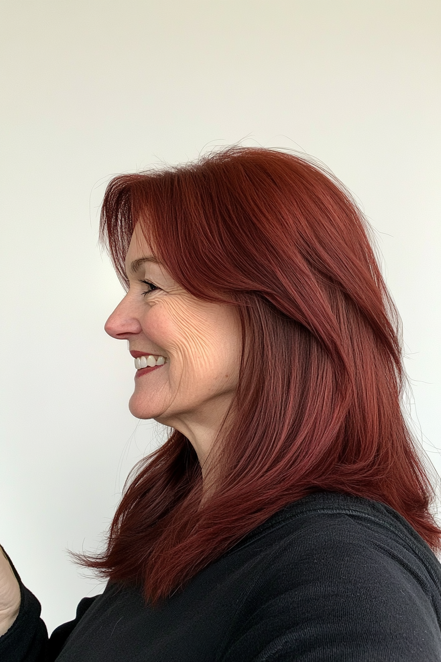 22. Modern Mullet in Deep Red (Haircuts For Older Women With Thick Hair) - Haircuts For Older Women With Thick Hair