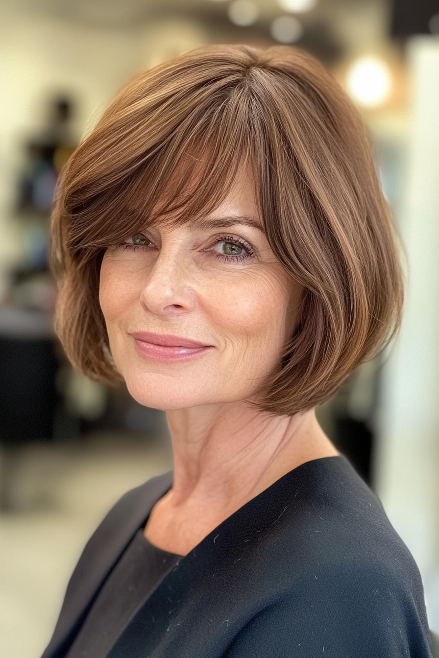 4. Curtain Bangs Bob - Chestnut Brown (Hairstyles For Women Over 60 With Fine Hair) - Hairstyles For Women Over 60 With Fine Hair