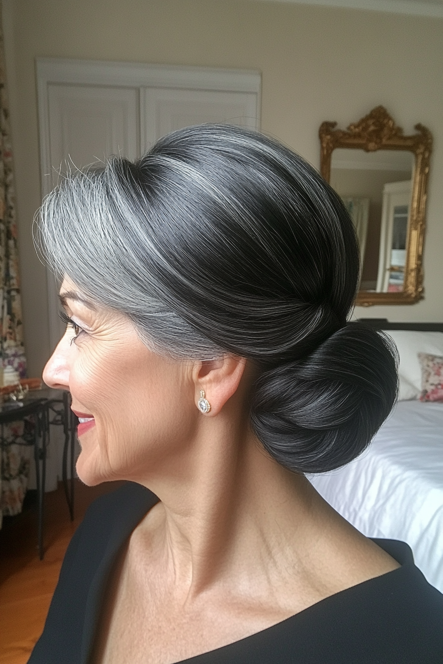 6. Classic Chignon - Soft Black (Hairstyles For Women Over 60 With Fine Hair) - Hairstyles For Women Over 60 With Fine Hair
