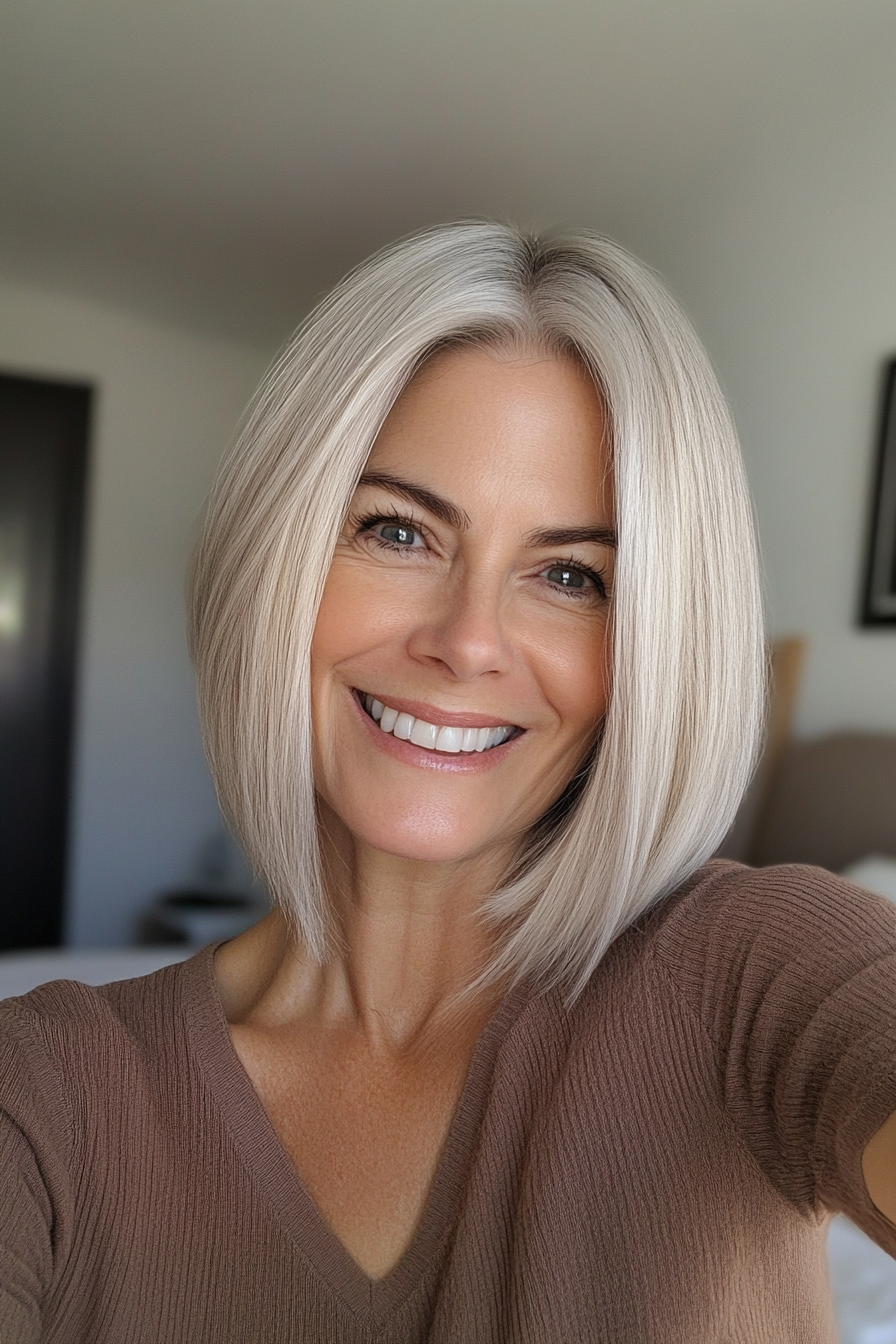 10. Angled Bob - Platinum Blonde (Hairstyles For Women Over 60 With Fine Hair) - Hairstyles For Women Over 60 With Fine Hair