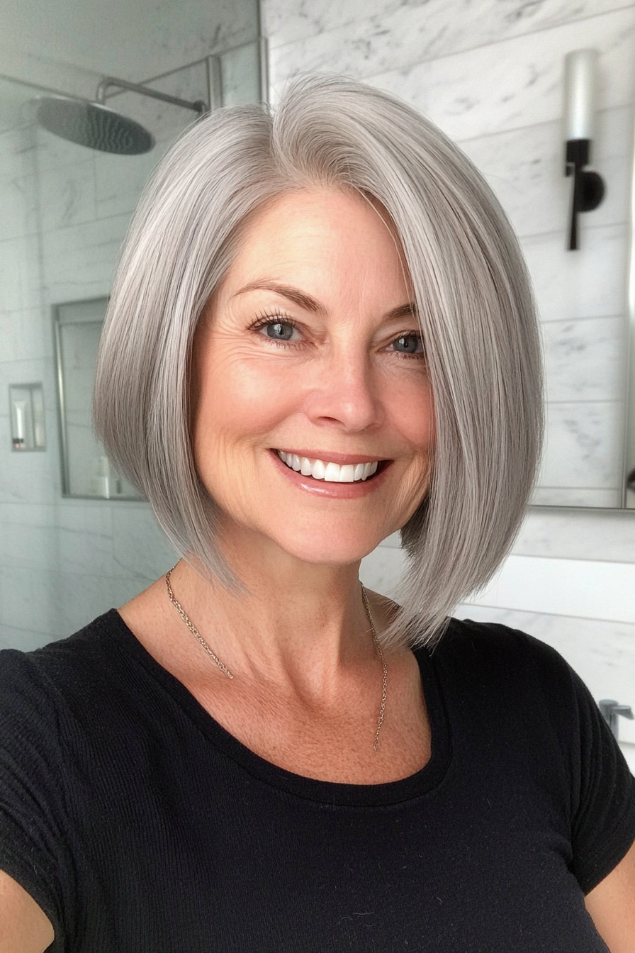 27. Dynamic Razored Bob - Pepper Grey (Hairstyles For Women Over 60 With Fine Hair) - Hairstyles For Women Over 60 With Fine Hair