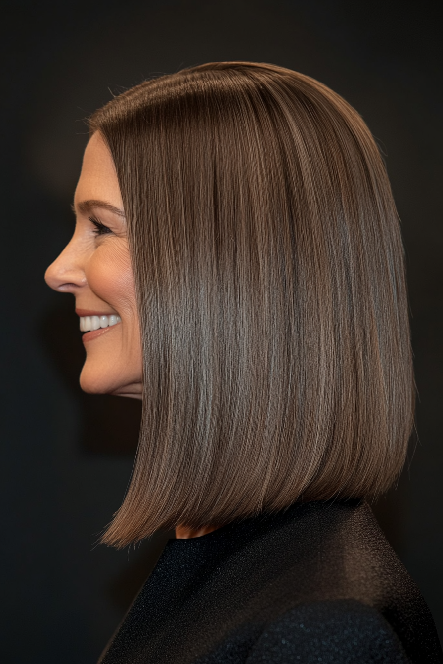 2. Classic Straight Lob with Cool Ash Brown (Long Bob Hairstyles For Older Women) - Long Bob Hairstyles For Older Women