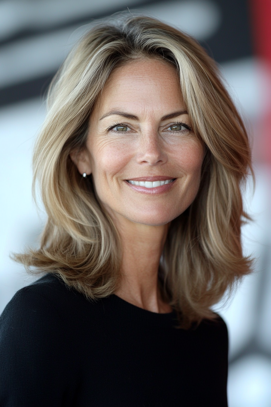 4. Curved Lob with Sandy Blonde Highlights (Long Bob Hairstyles For Older Women) - Long Bob Hairstyles For Older Women