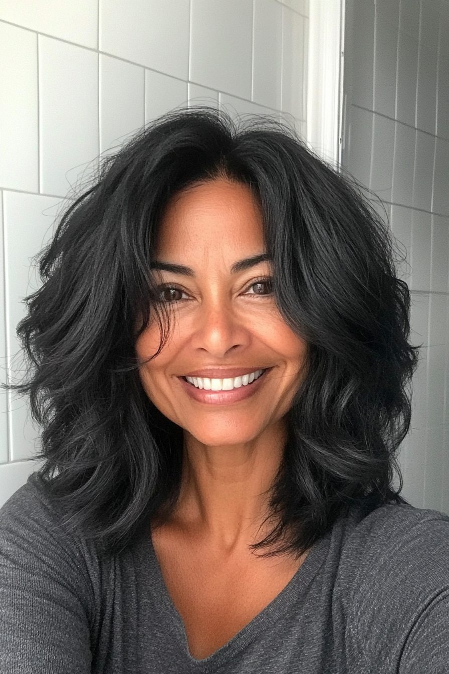 5. Textured Lob with Natural Black (Long Bob Hairstyles For Older Women) - Long Bob Hairstyles For Older Women