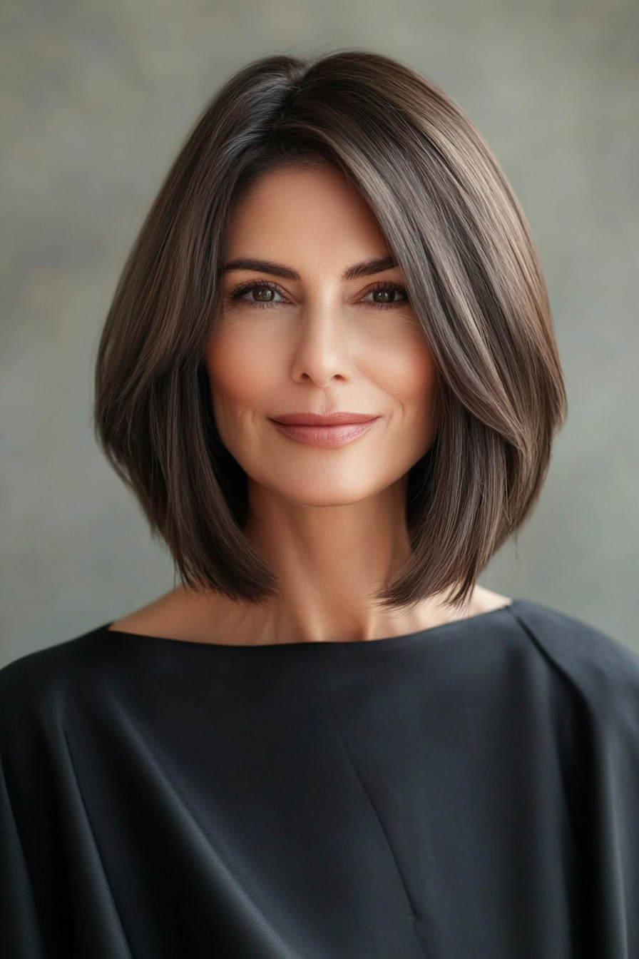 6. Angled Lob with Deep Espresso Brown (Long Bob Hairstyles For Older Women) - Long Bob Hairstyles For Older Women