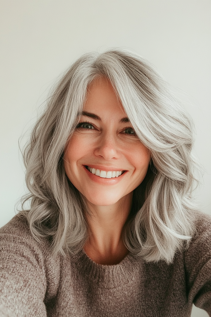 7. Tousled Lob with Soft Gray (Long Bob Hairstyles For Older Women) - Long Bob Hairstyles For Older Women