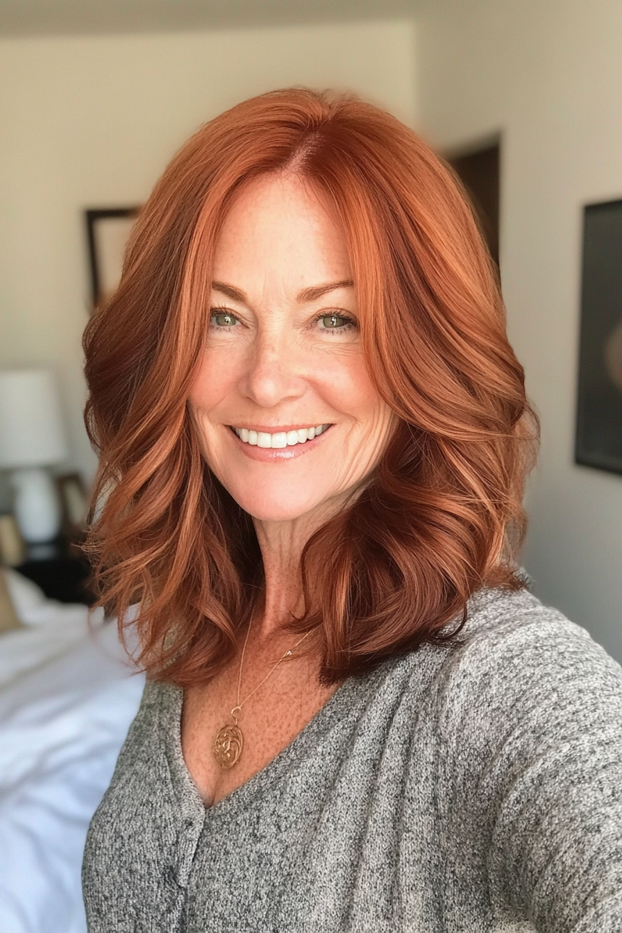 8. Shoulder-Grazing Lob with Rich Auburn (Long Bob Hairstyles For Older Women) - Long Bob Hairstyles For Older Women