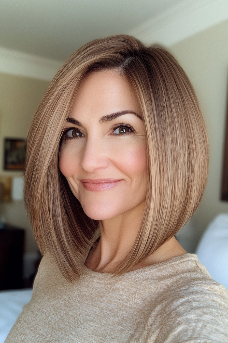 9. Sleek Side-Parted Lob with Honey Brown (Long Bob Hairstyles For Older Women) - Long Bob Hairstyles For Older Women