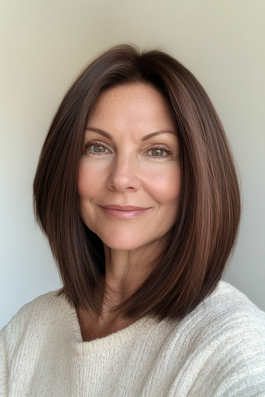 11. Blunt Lob with Dark Chestnut (Long Bob Hairstyles For Older Women) - Long Bob Hairstyles For Older Women