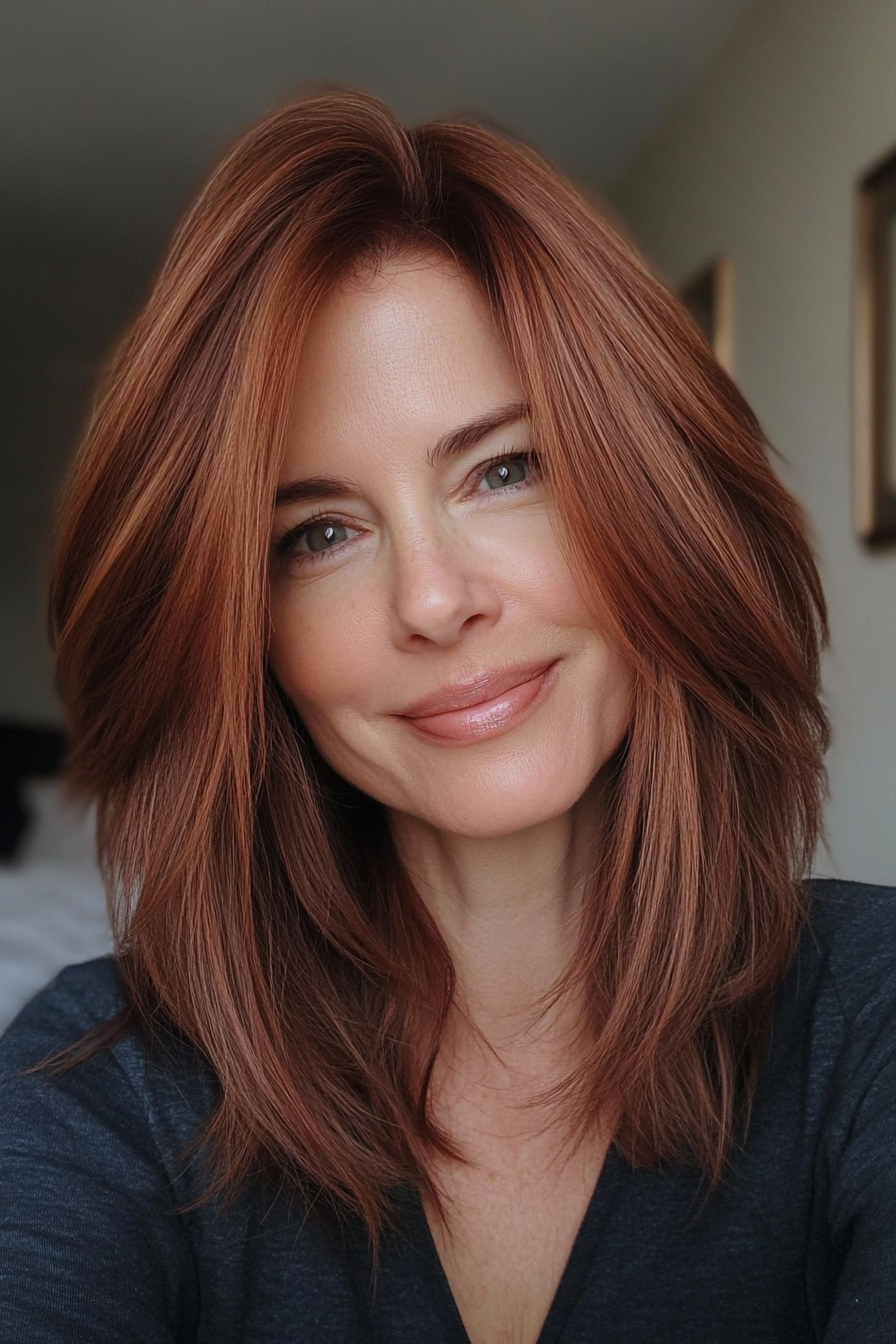 12. Layered Lob with Medium Copper Brown (Long Bob Hairstyles For Older Women) - Long Bob Hairstyles For Older Women