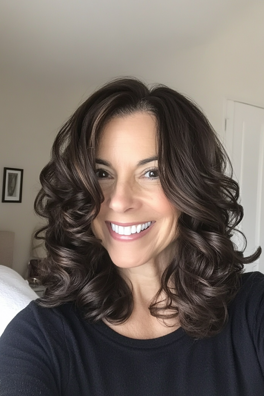 13. Loose Curls Lob with Natural Dark Brown (Long Bob Hairstyles For Older Women) - Long Bob Hairstyles For Older Women