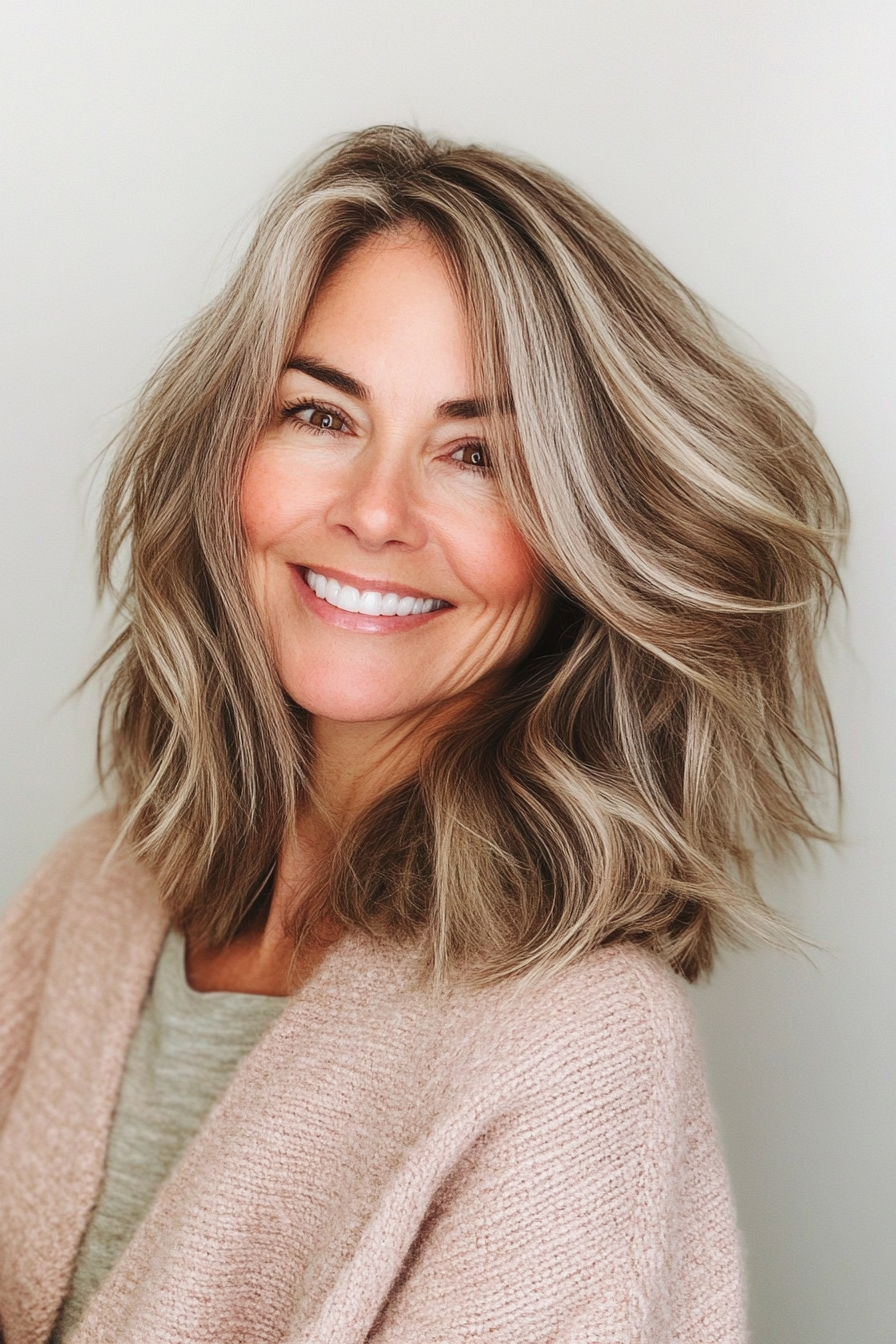 18. Messy Waves Lob with Light Brown (Long Bob Hairstyles For Older Women) - Long Bob Hairstyles For Older Women