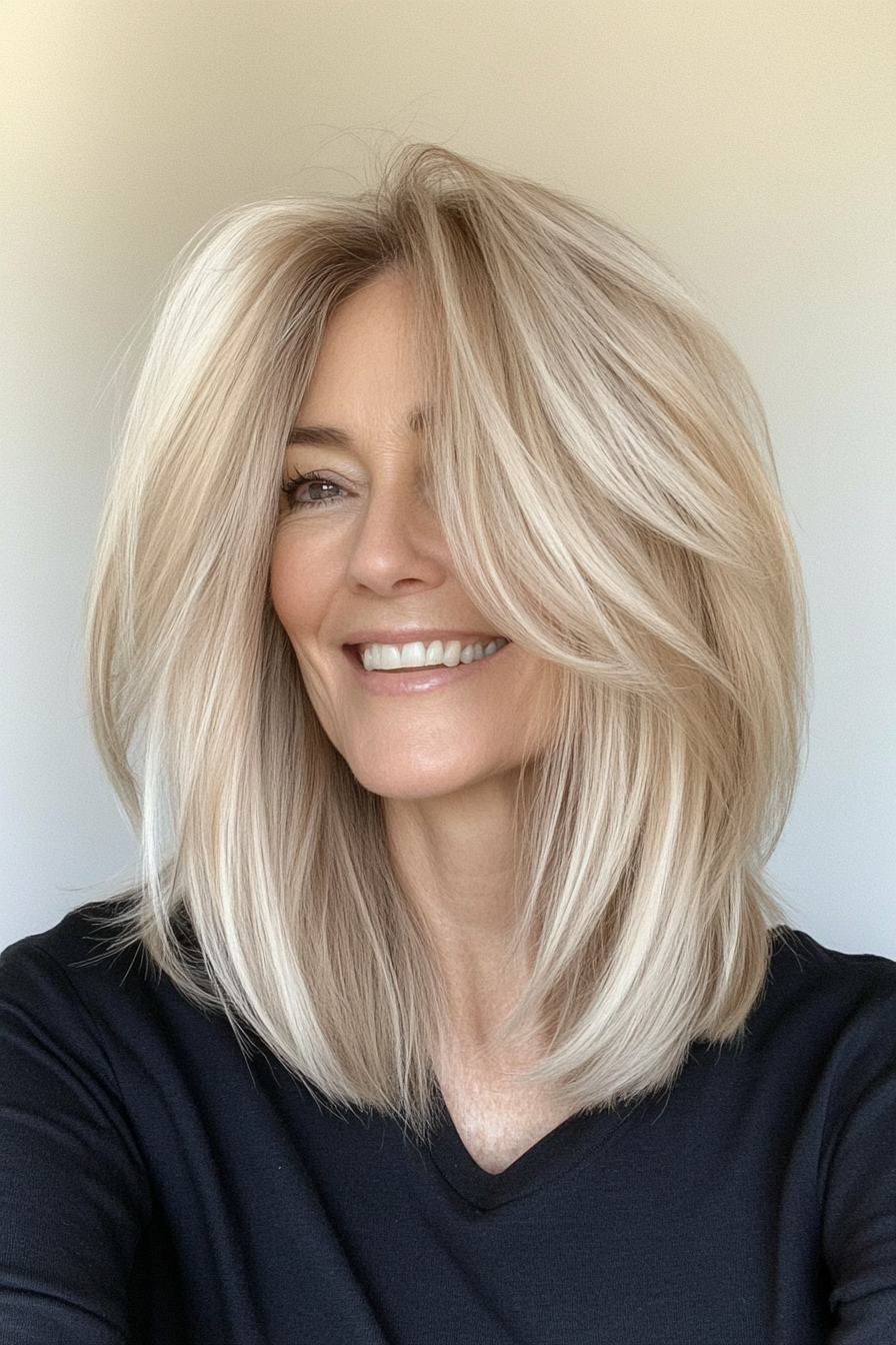 20. Wispy Layered Lob with Beige Blonde (Long Bob Hairstyles For Older Women) - Long Bob Hairstyles For Older Women
