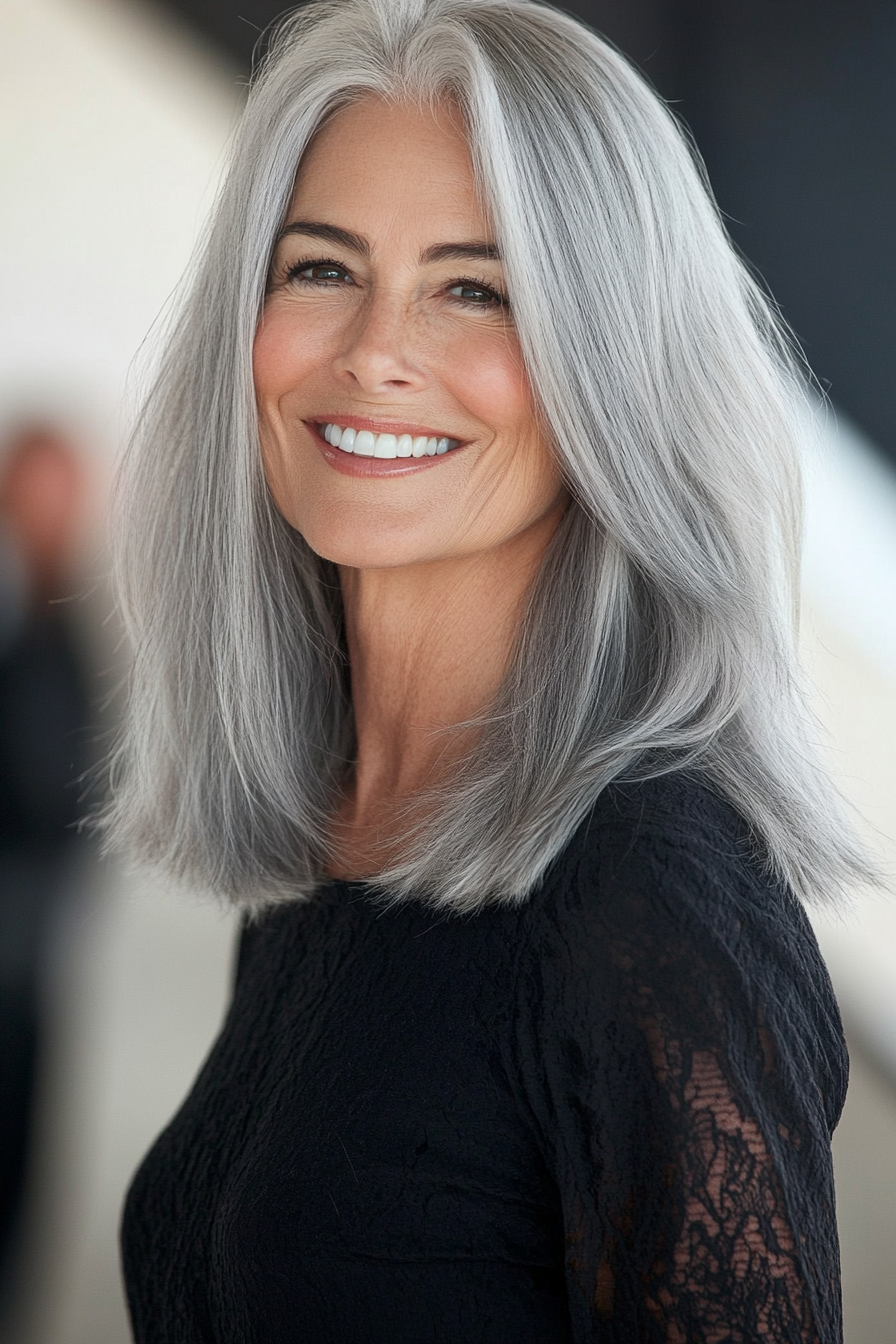 22. Blowout Lob with Silver Gray (Long Bob Hairstyles For Older Women) - Long Bob Hairstyles For Older Women