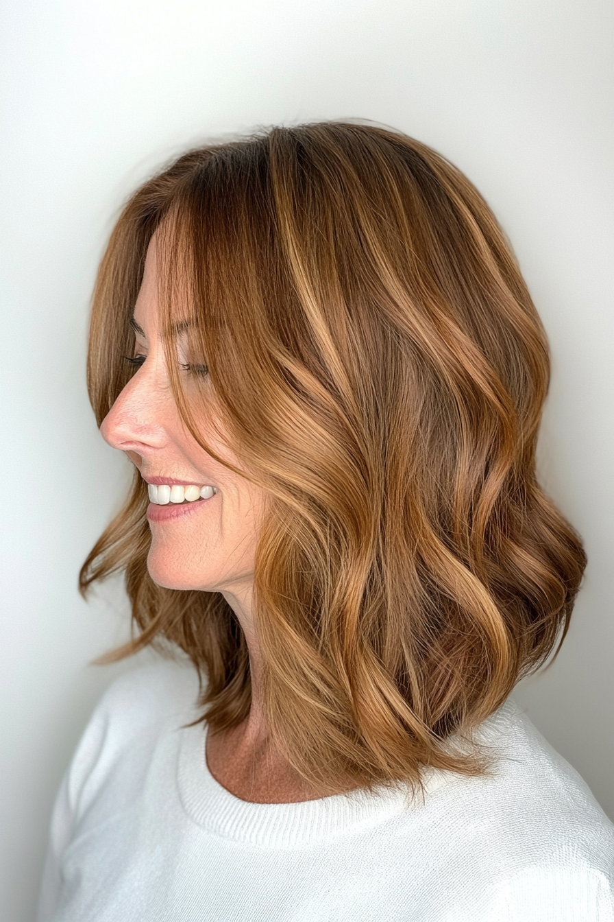 23. Textured Ends Lob with Caramel Brown (Long Bob Hairstyles For Older Women) - Long Bob Hairstyles For Older Women