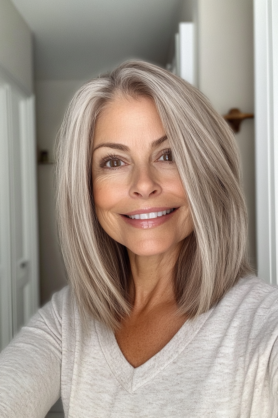 27. Air-Dried Lob with Warm Light Brown (Long Bob Hairstyles For Older Women) - Long Bob Hairstyles For Older Women