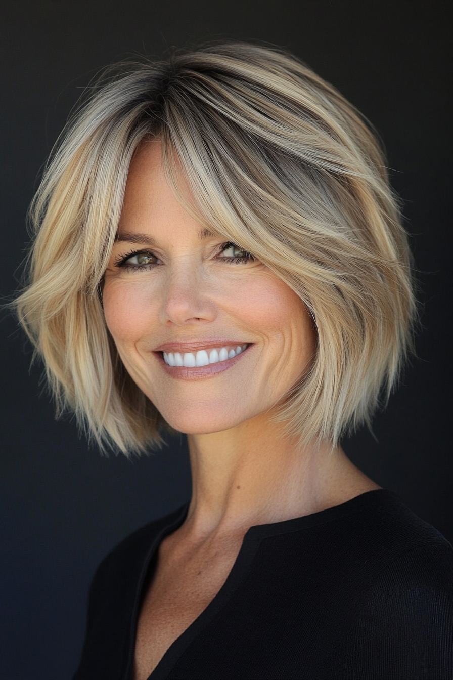 2. Layered Inverted Bob - Medium Blonde (Short Bob Hairstyles For Women Over 50) - Short Bob Hairstyles For Women Over 50