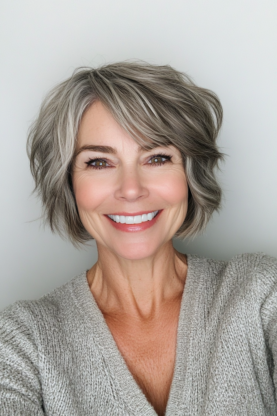 3. Textured Bob with Side Part - Salt and Pepper (Short Bob Hairstyles For Women Over 50) - Short Bob Hairstyles For Women Over 50