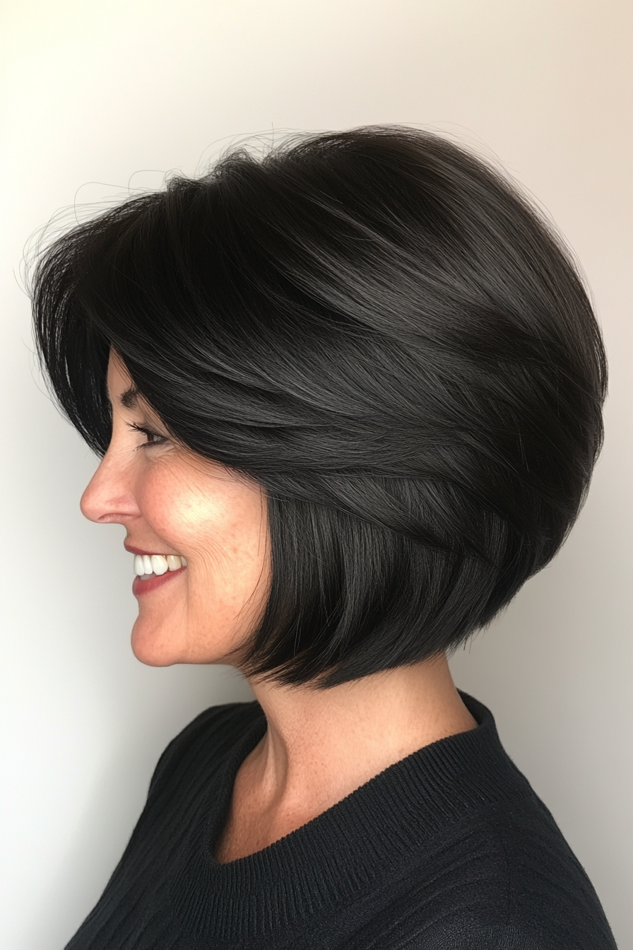 5. Stacked Bob with Fringed Layers - Black (Short Bob Hairstyles For Women Over 50) - Short Bob Hairstyles For Women Over 50