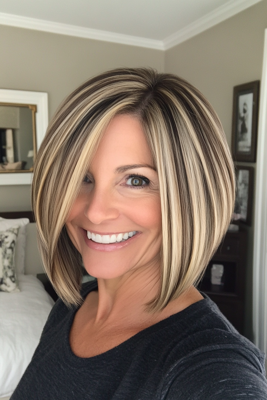 6. Angled Bob with Highlights - Dark Blonde (Short Bob Hairstyles For Women Over 50) - Short Bob Hairstyles For Women Over 50