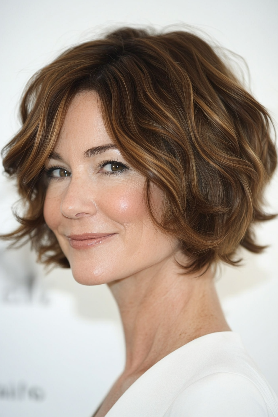 7. Asymmetrical Bob with Soft Curls - Medium Brown (Short Bob Hairstyles For Women Over 50) - Short Bob Hairstyles For Women Over 50