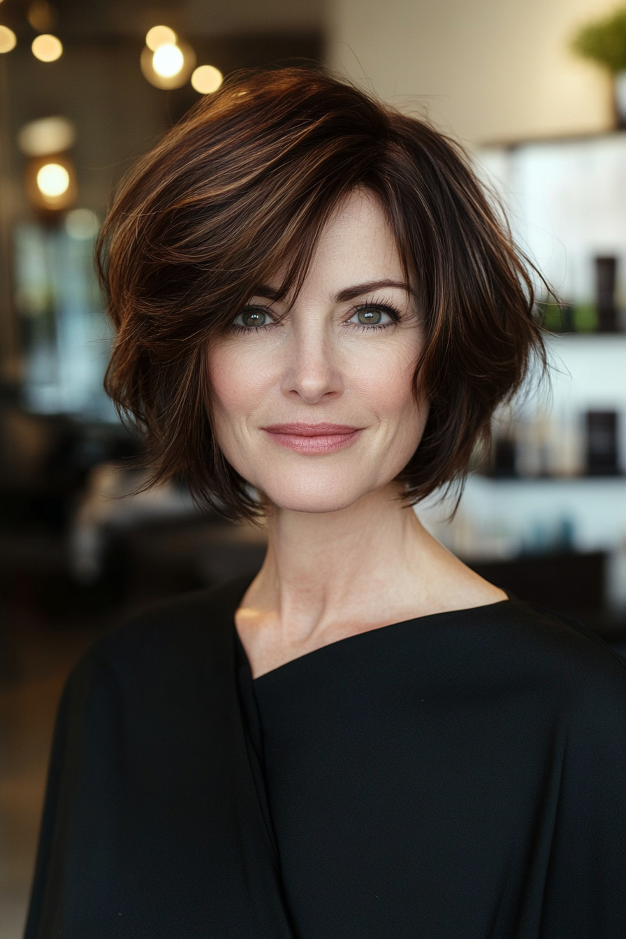 10. Choppy Bob with Side-Swept Bangs - Dark Chestnut (Short Bob Hairstyles For Women Over 50) - Short Bob Hairstyles For Women Over 50